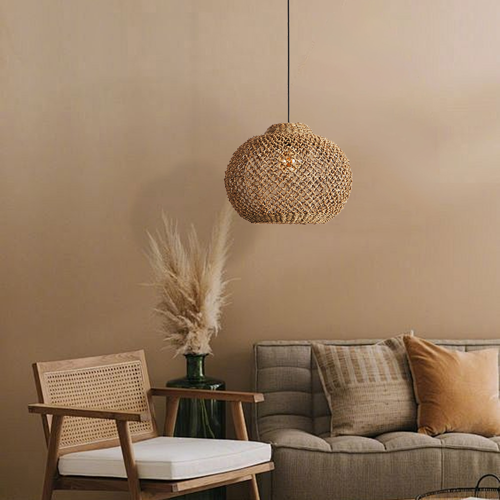 Wabi Sabi Style Seagrass Pendant Light Natural Woven Wicker Ceiling Lamp for Dining & Living Room