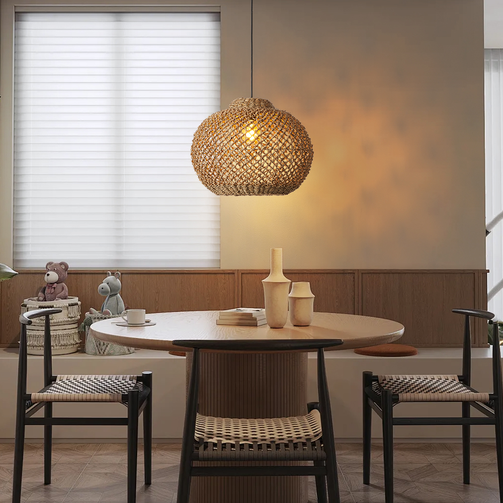 Wabi Sabi Style Seagrass Pendant Light Natural Woven Wicker Ceiling Lamp for Dining & Living Room