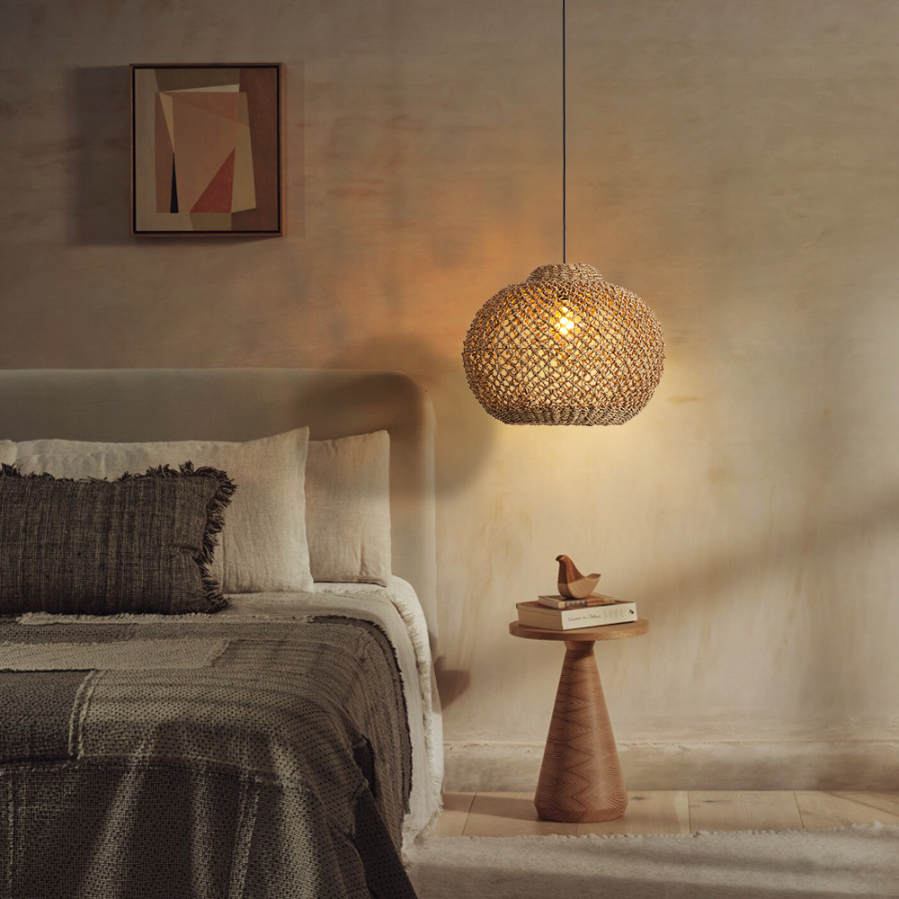 Wabi Sabi Style Seagrass Pendant Light Natural Woven Wicker Ceiling Lamp for Dining & Living Room