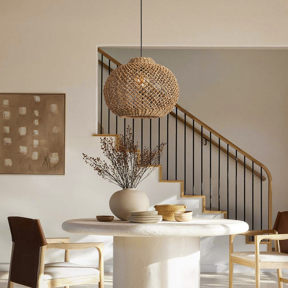 Wabi Sabi Style Seagrass Pendant Light Natural Woven Wicker Ceiling Lamp for Dining & Living Room