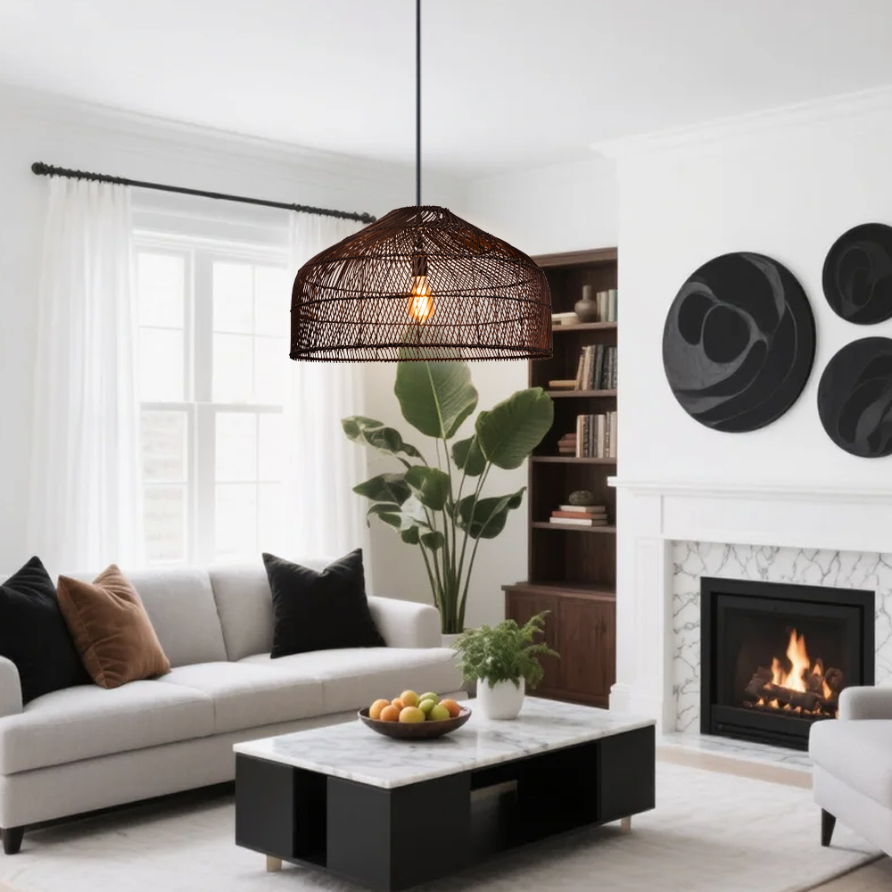 Hand-Woven Pendant Light Fixture Farmhouse Basket Hanging Lamp Chandelier for Kitchen