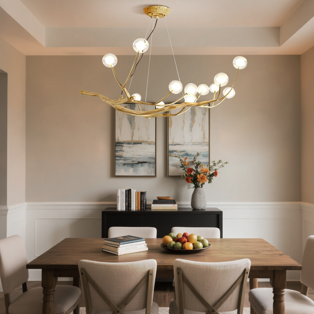 Tree Branch Wooden Chandelier Glass Bubble Pendant Lights for Living Room