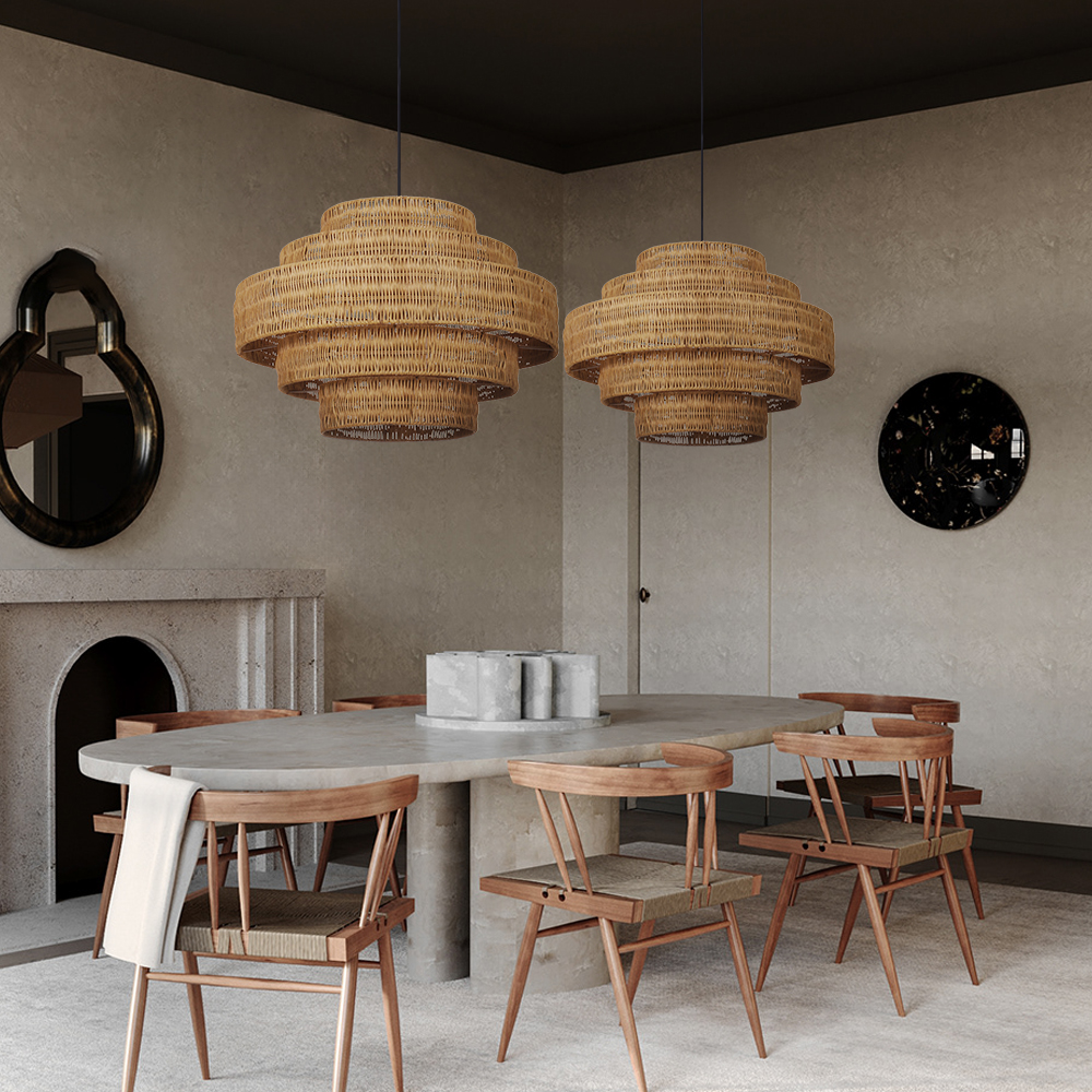 Retro Wabi-sabi style Dining Table Rattan Pendant Light B&B Decoration Handwoven Lampshade