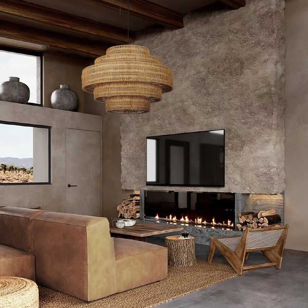 Retro Wabi-sabi style Dining Table Rattan Pendant Light B&B Decoration Handwoven Lampshade