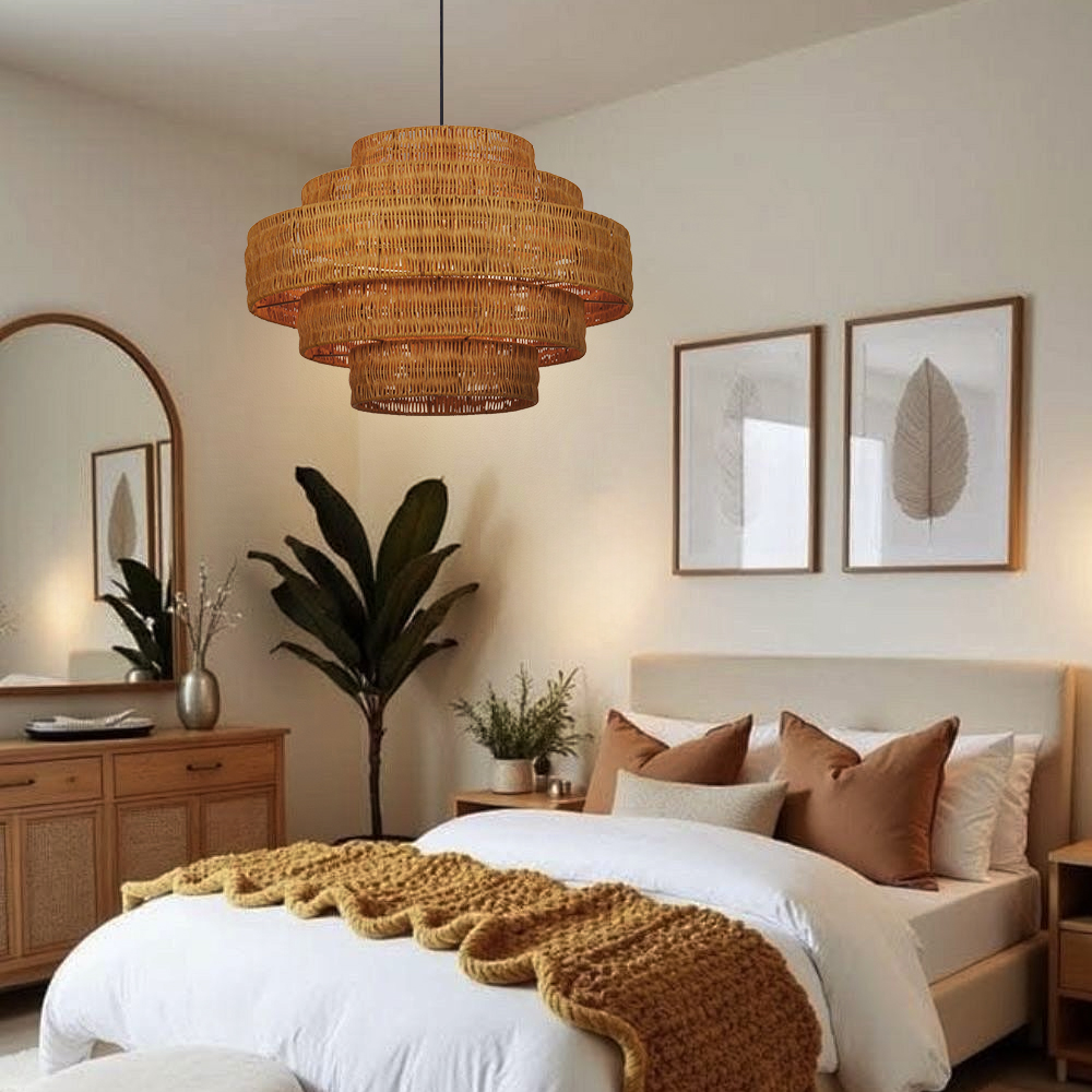 Retro Wabi-sabi style Dining Table Rattan Pendant Light B&B Decoration Handwoven Lampshade