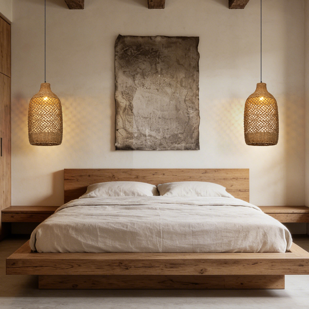 Rustic Seagrass Pendant Light Set with 5 lights Wabi-sabi Pendant Lamp for Farmhouse