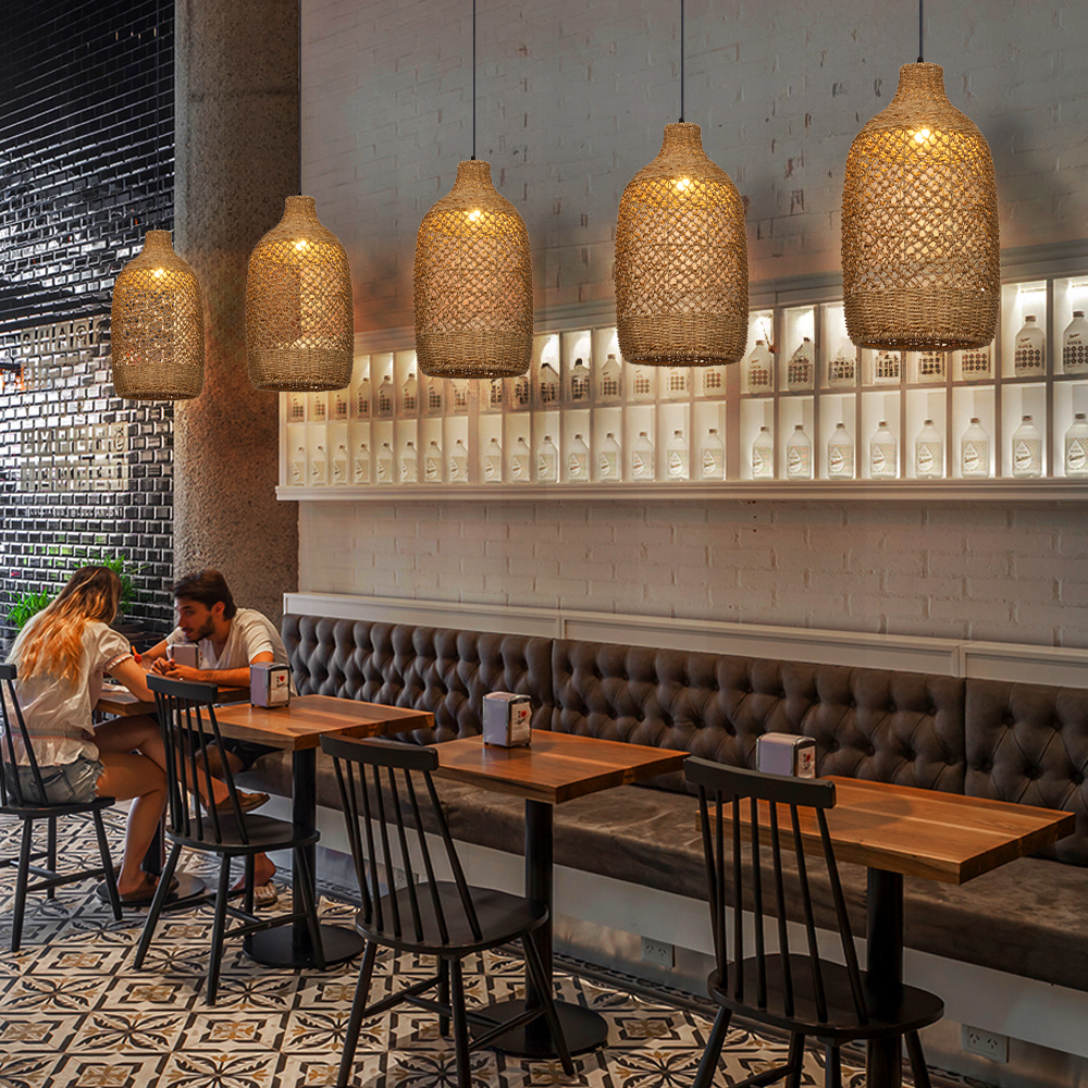 Rustic Seagrass Pendant Light Set with 5 lights Wabi-sabi Pendant Lamp for Farmhouse