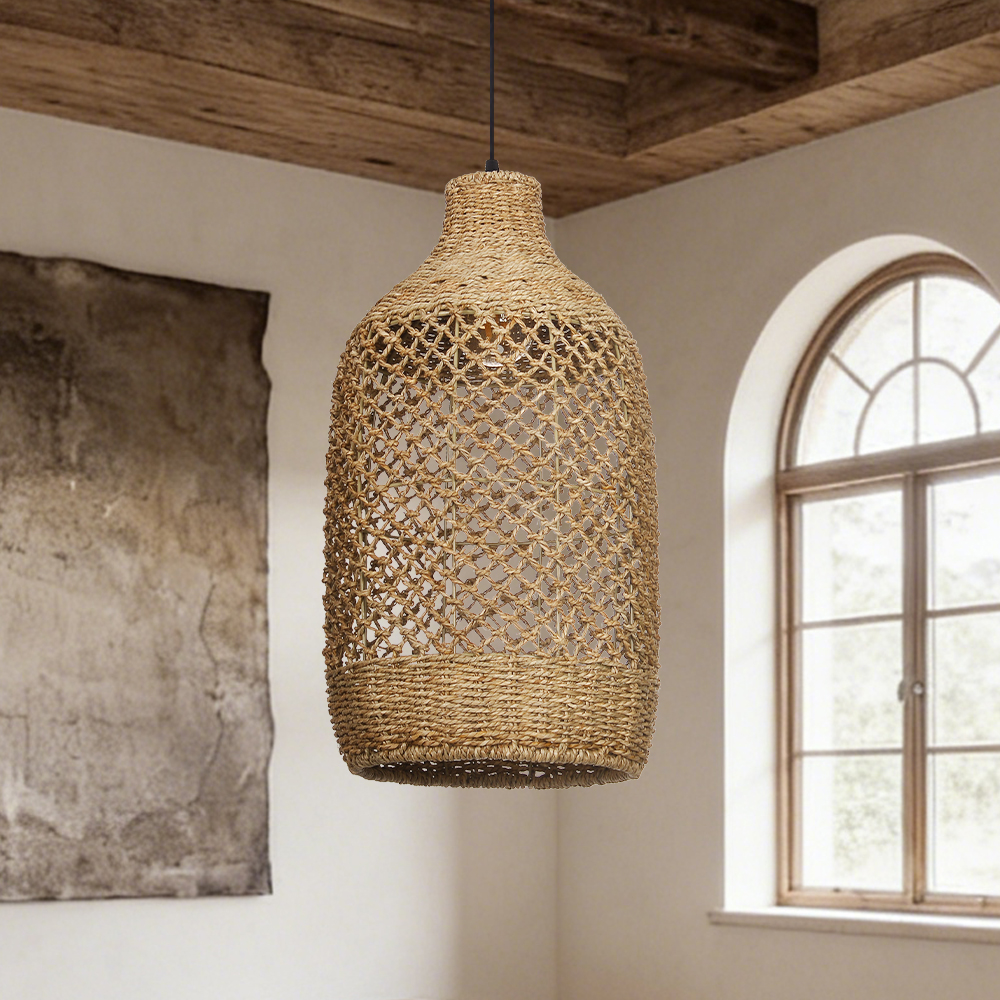 Rustic Seagrass Pendant Light Set with 5 lights Wabi-sabi Pendant Lamp for Farmhouse