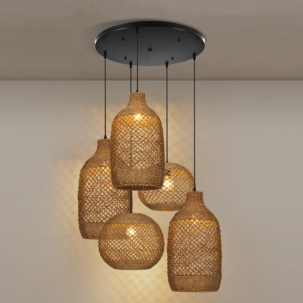 Rustic Seagrass Pendant Light Set with 5 lights Wabi-sabi Pendant Lamp for Farmhouse