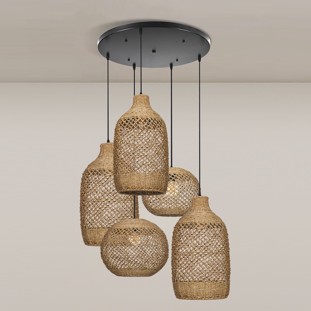 Rustic Seagrass Pendant Light Set with 5 lights Wabi-sabi Pendant Lamp for Farmhouse