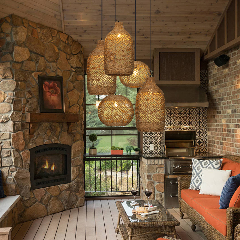 Rustic Seagrass Pendant Light Set with 5 lights Wabi-sabi Pendant Lamp for Farmhouse