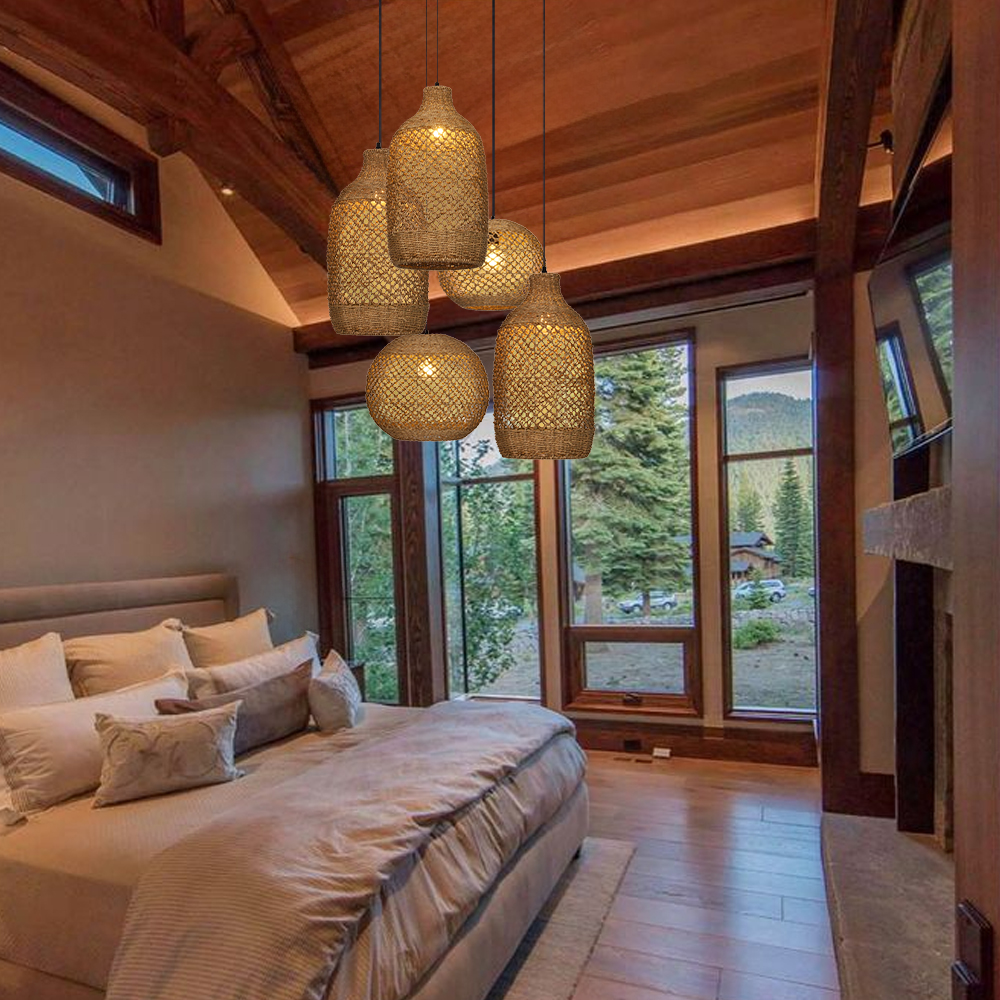 Rustic Seagrass Pendant Light Set with 5 lights Wabi-sabi Pendant Lamp for Farmhouse