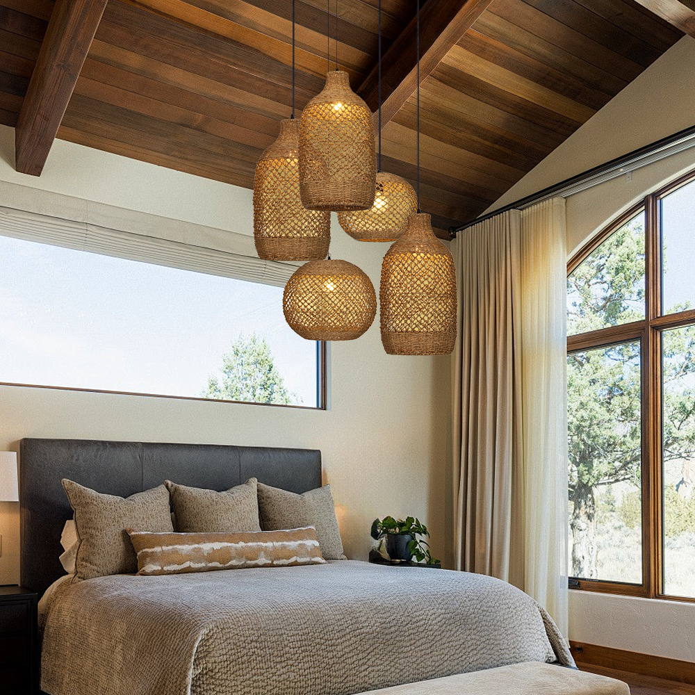 Rustic Seagrass Pendant Light Set with 5 lights Wabi-sabi Pendant Lamp for Farmhouse