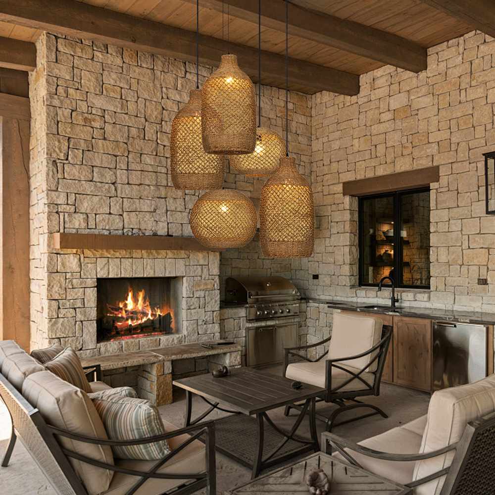 Rustic Seagrass Pendant Light Set with 5 lights Wabi-sabi Pendant Lamp for Farmhouse