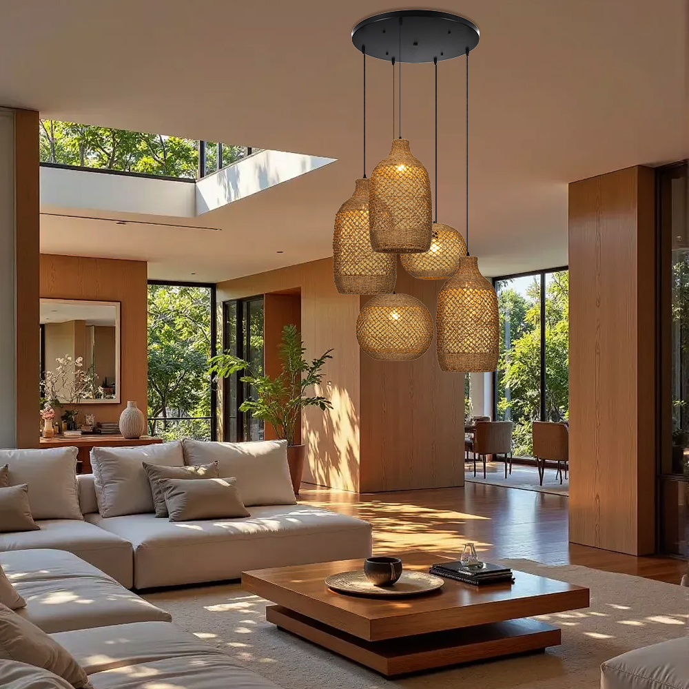 Rustic Seagrass Pendant Light Set with 5 lights Wabi-sabi Pendant Lamp for Farmhouse