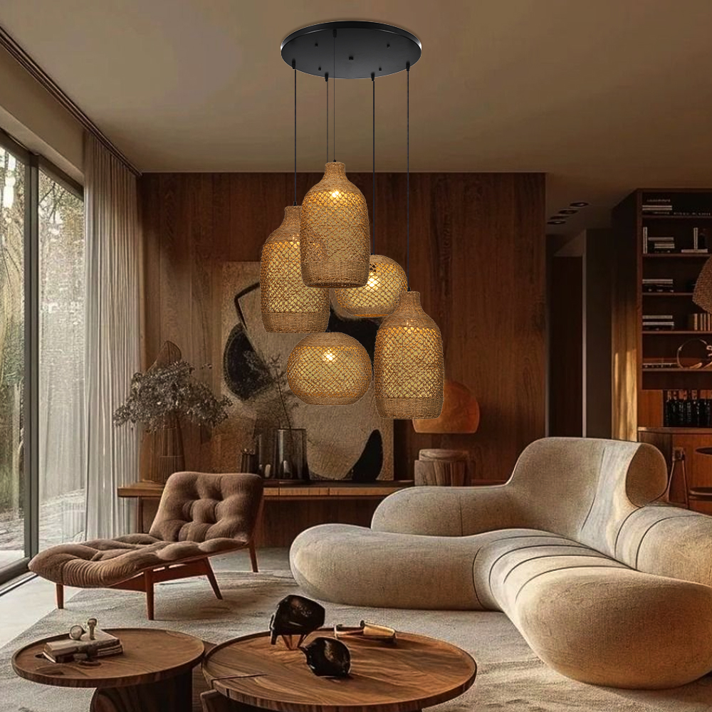 Rustic Seagrass Pendant Light Set with 5 lights Wabi-sabi Pendant Lamp for Farmhouse