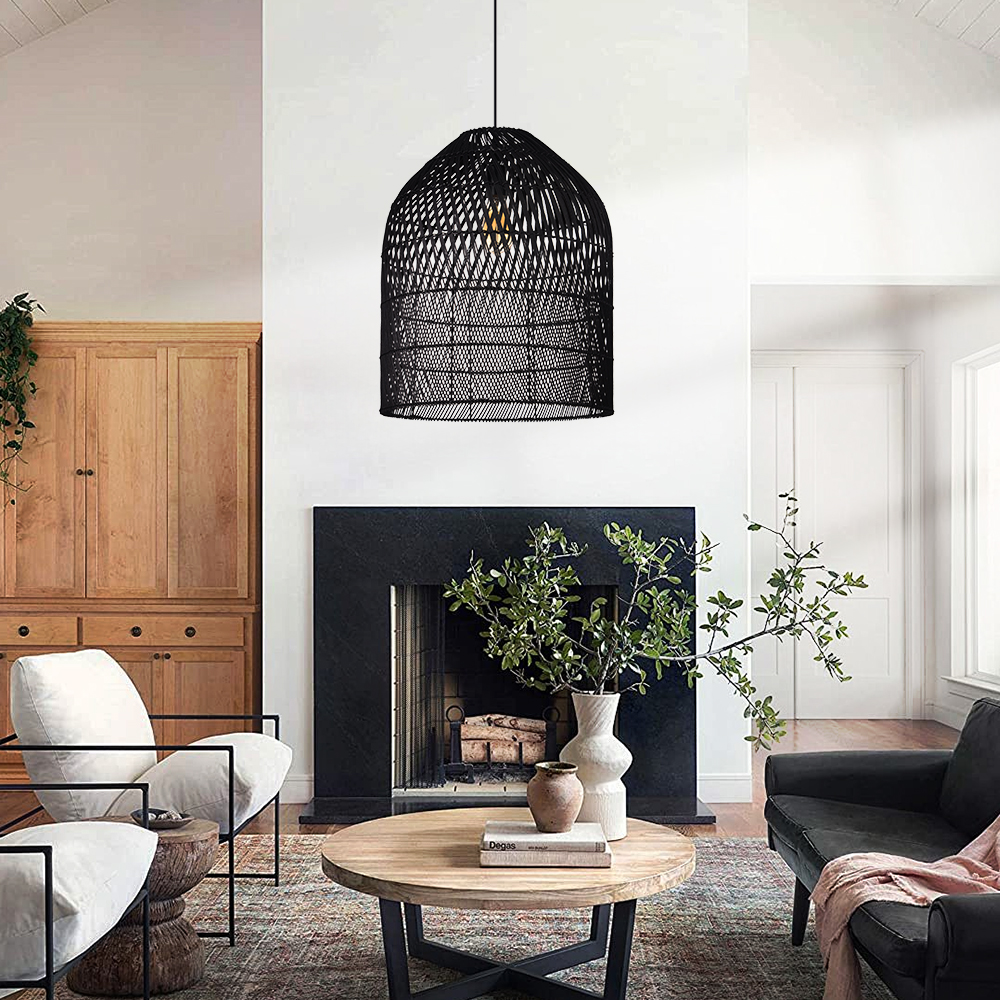 Unique Textured Ceiling Light Dining Room Decor Weave Black Rattan Lamp