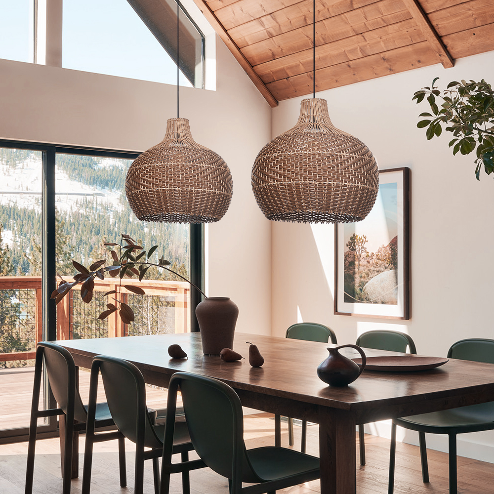 Modern Farmhouse Handwoven Brown-coffee Rattan Pendant Light for Dining Room Kitchen