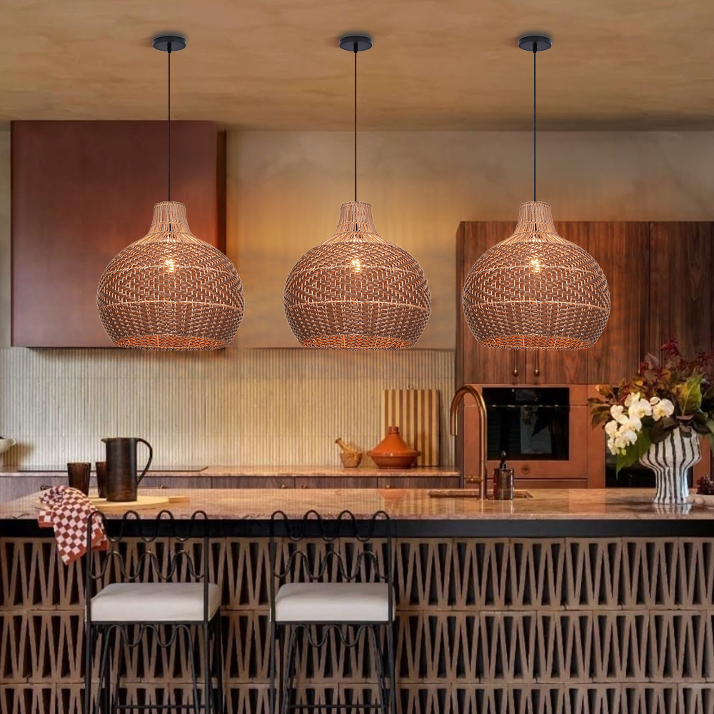 Modern Farmhouse Handwoven Brown-coffee Rattan Pendant Light for Dining Room Kitchen
