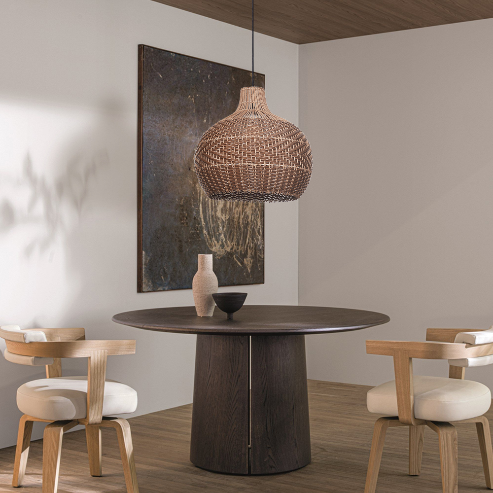 Modern Farmhouse Handwoven Brown-coffee Rattan Pendant Light for Dining Room Kitchen