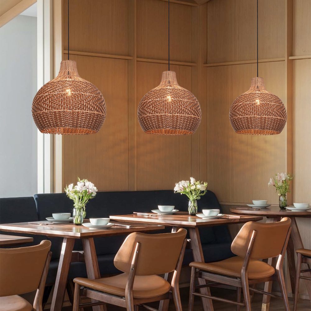 Modern Farmhouse Handwoven Brown-coffee Rattan Pendant Light for Dining Room Kitchen
