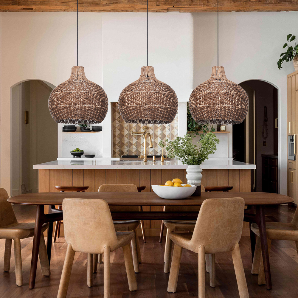 Modern Farmhouse Handwoven Brown-coffee Rattan Pendant Light for Dining Room Kitchen