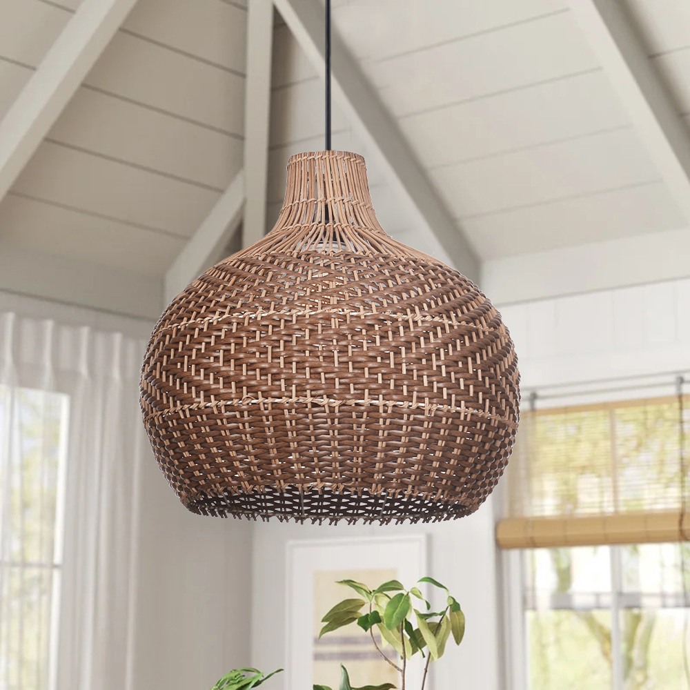 Modern Farmhouse Handwoven Brown-coffee Rattan Pendant Light for Dining Room Kitchen