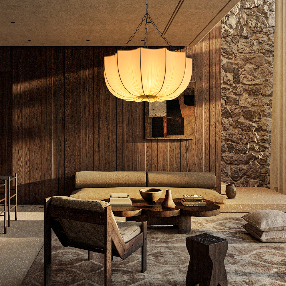 Modern Pleated Fabric Chandelier Light Japandi Restaurant Hanging Ceiling Lamp