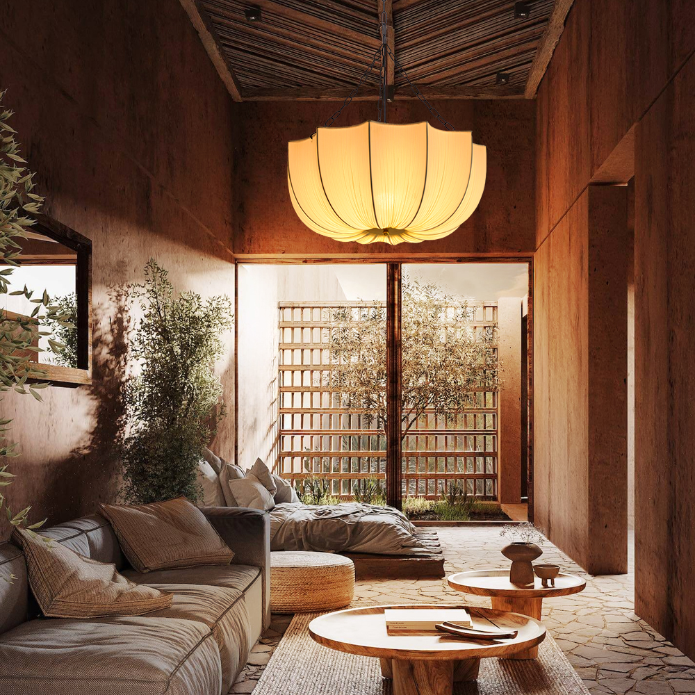 Modern Pleated Fabric Chandelier Light Japandi Restaurant Hanging Ceiling Lamp