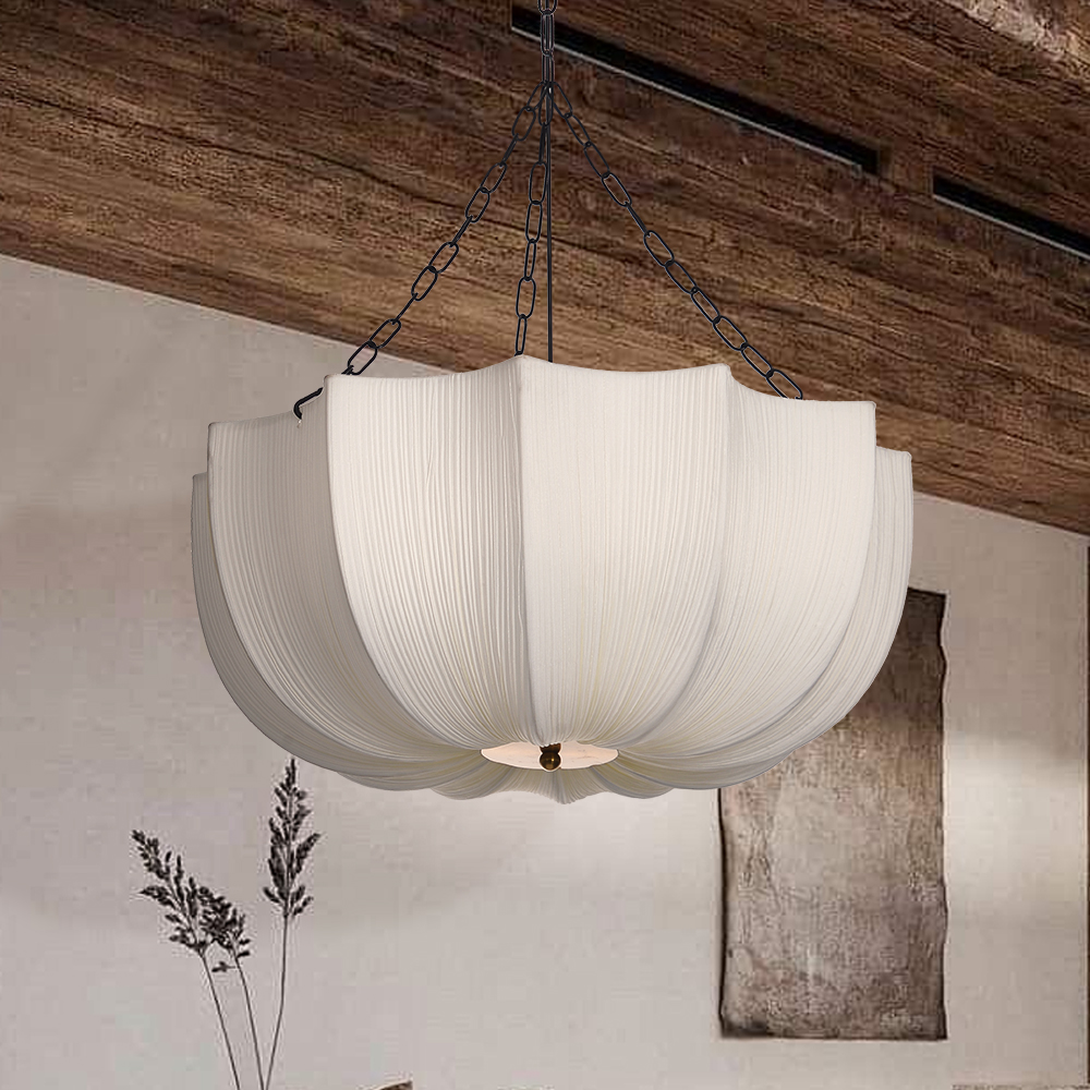 Modern Pleated Fabric Chandelier Light Japandi Restaurant Hanging Ceiling Lamp