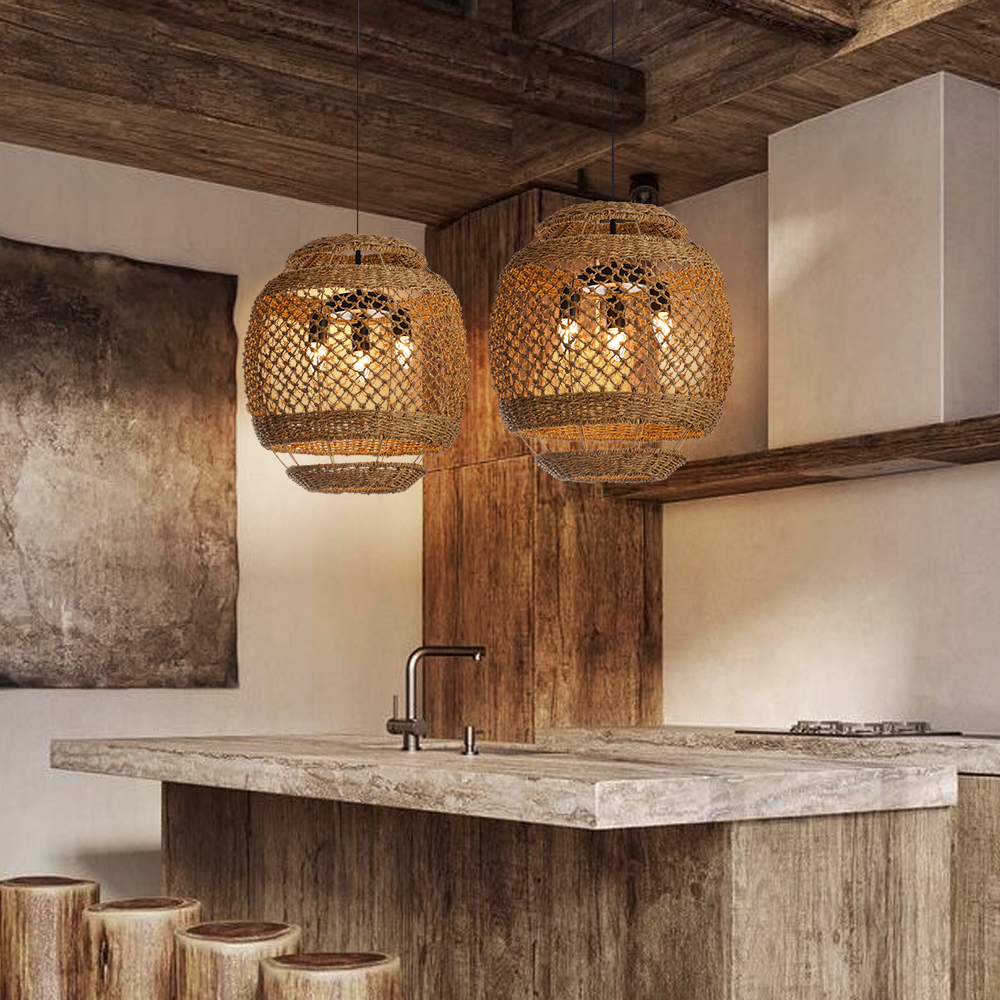 Minimal Furniture Handmade Seagrass Pendant Light Dining Studio 3-light Wabi-sabi Lamp