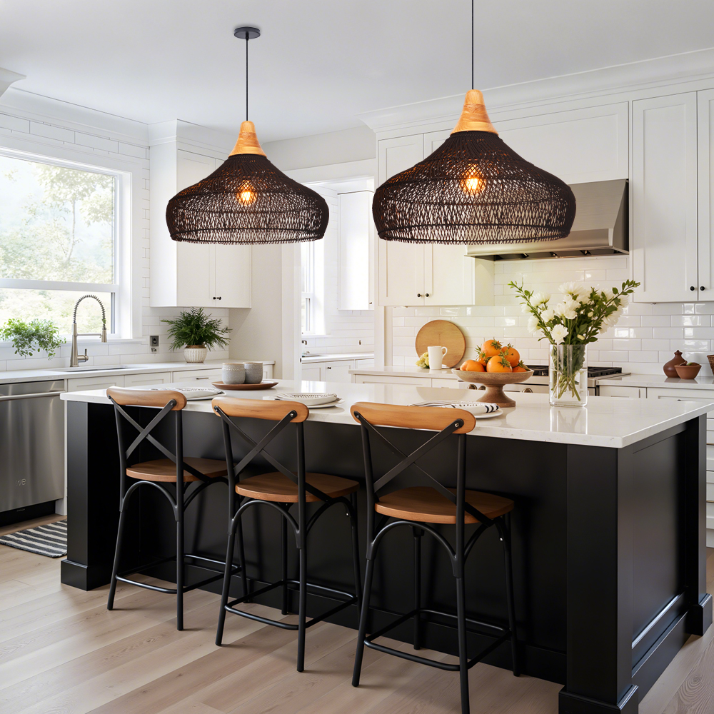 Handwoven Organic Warm Rattan Pendant Light for Kitchen Island