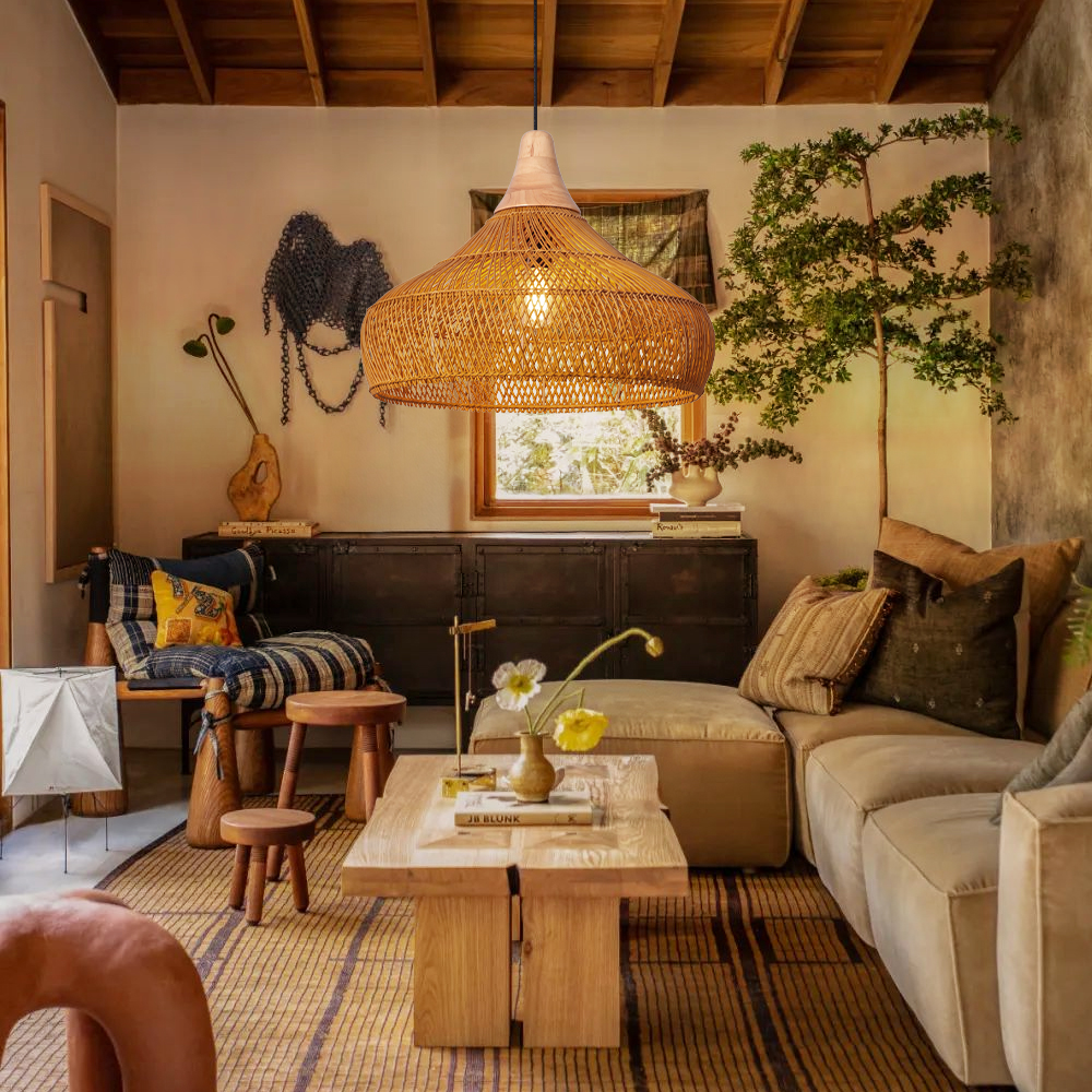 Handwoven Organic Warm Rattan Pendant Light for Kitchen Island