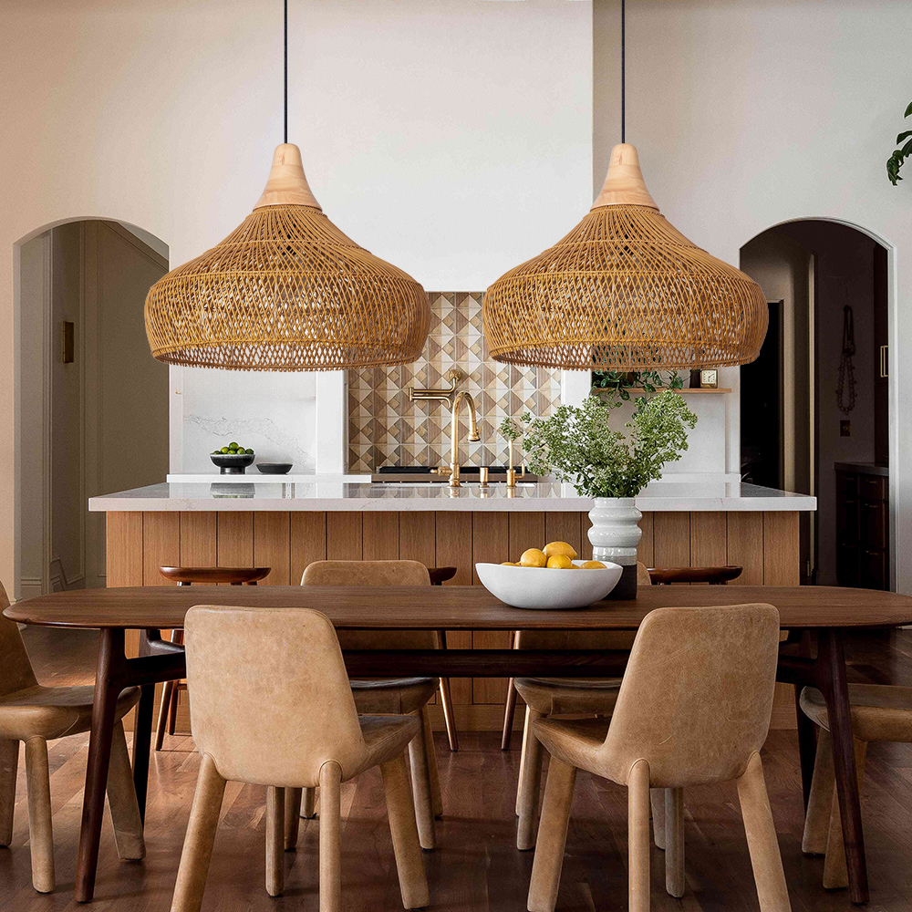 Handwoven Organic Warm Rattan Pendant Light for Kitchen Island