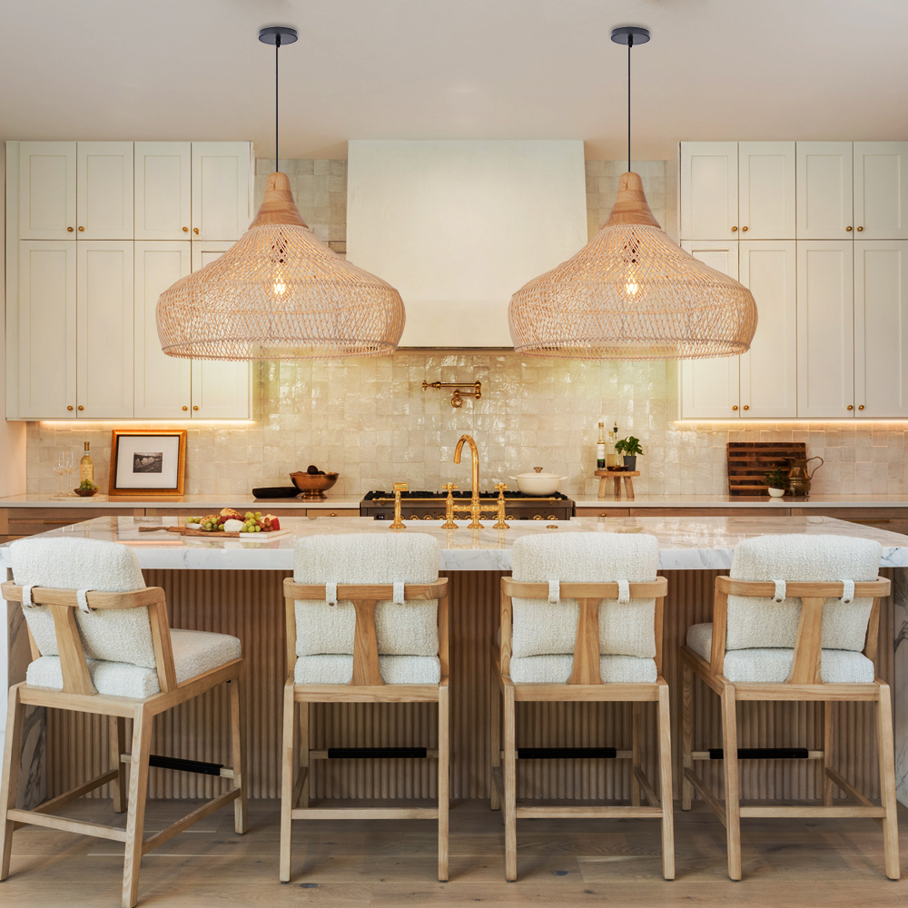 Handwoven Organic Warm Rattan Pendant Light for Kitchen Island