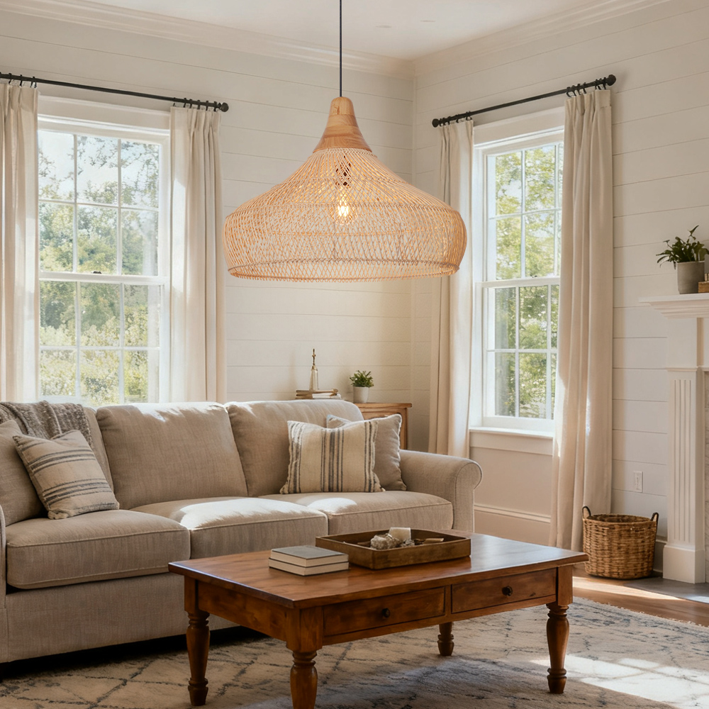Handwoven Organic Warm Rattan Pendant Light for Kitchen Island