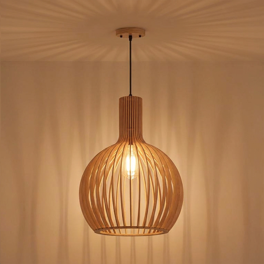 Japanese Wooden Hanging Light Fixtures Handmade Restaurant Birdcage Chandelier