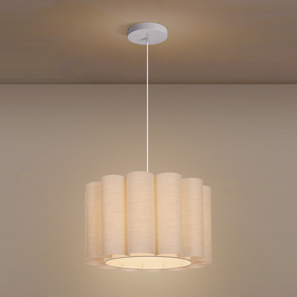 Round Linen Pendant Light Handmade Khaki Pleated Chandelier for Kitchen Restaurants