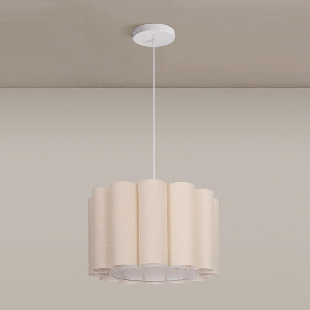 Round Linen Pendant Light Handmade Khaki Pleated Chandelier for Kitchen Restaurants