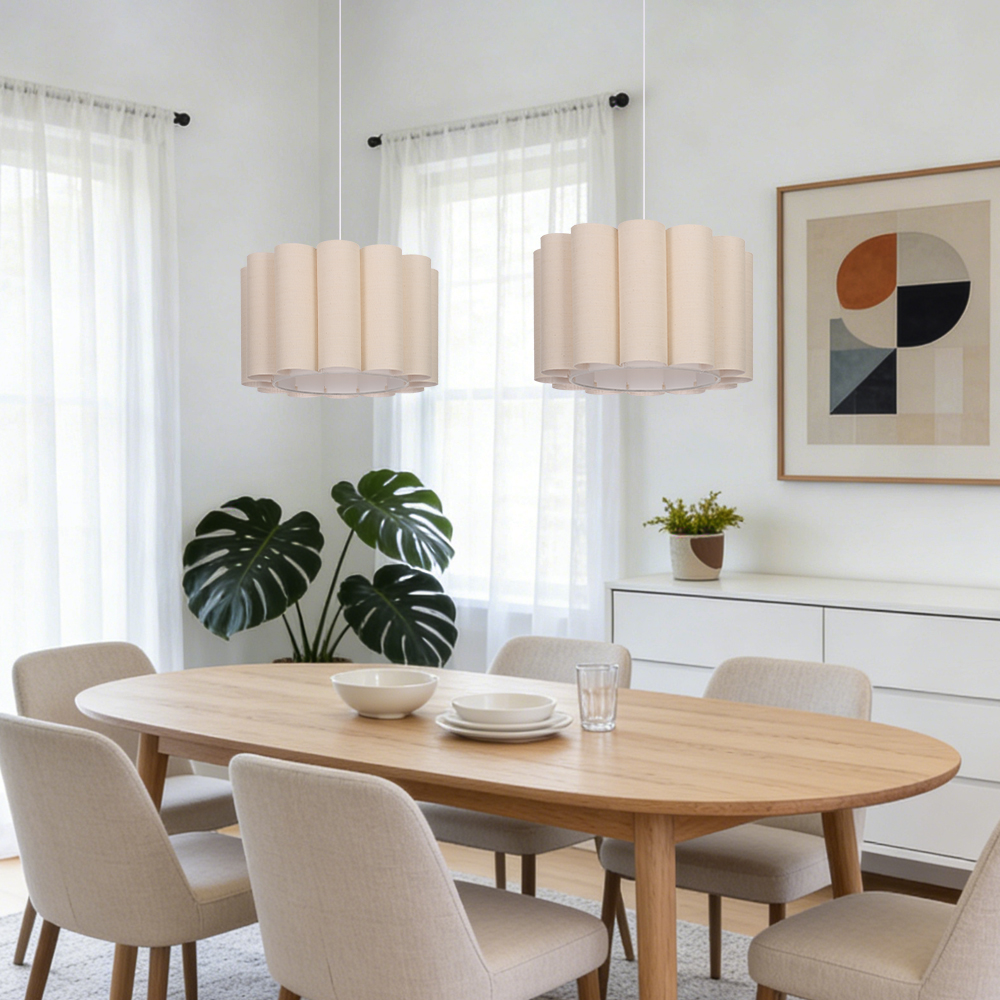 Round Linen Pendant Light Handmade Khaki Pleated Chandelier for Kitchen Restaurants