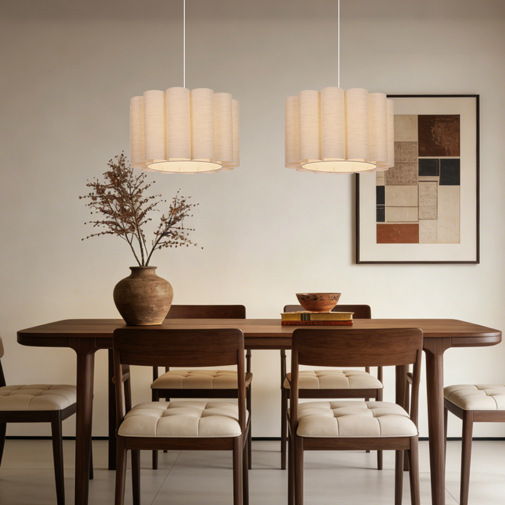 Round Linen Pendant Light Handmade Khaki Pleated Chandelier for Kitchen Restaurants