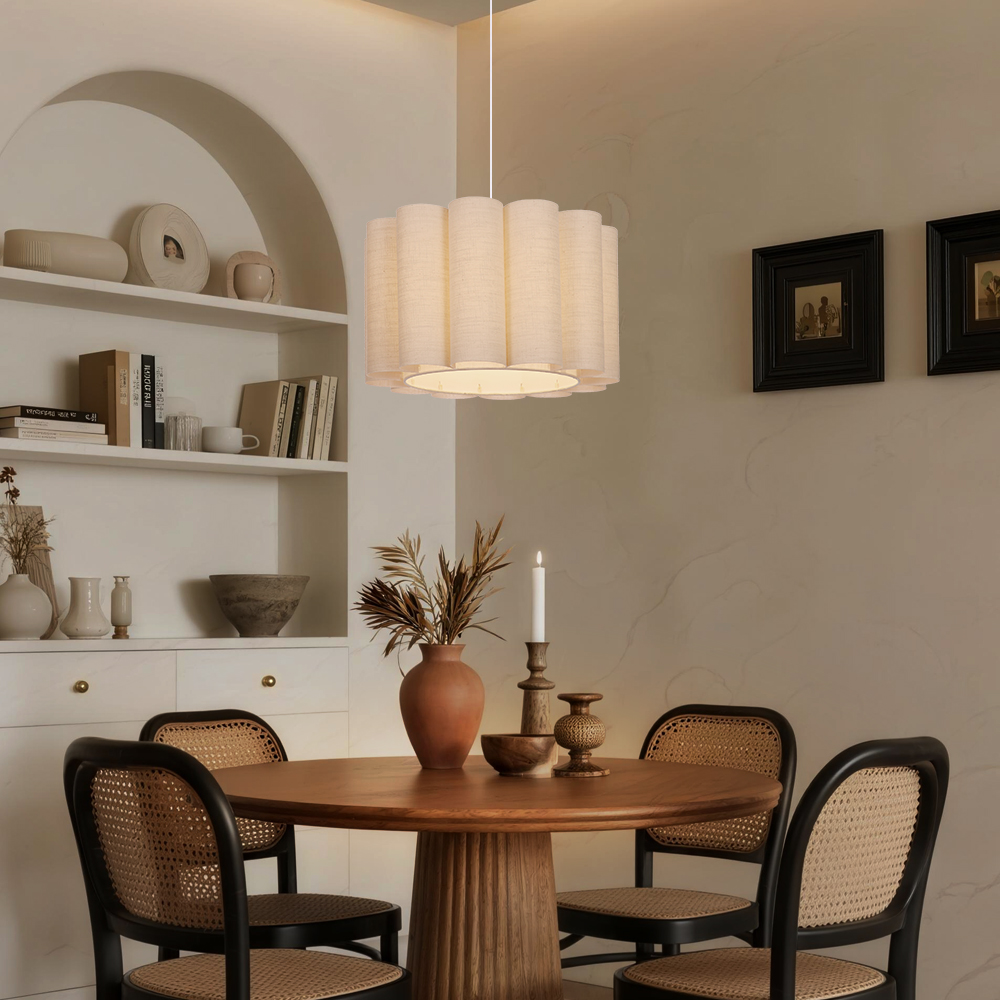 Round Linen Pendant Light Handmade Khaki Pleated Chandelier for Kitchen Restaurants