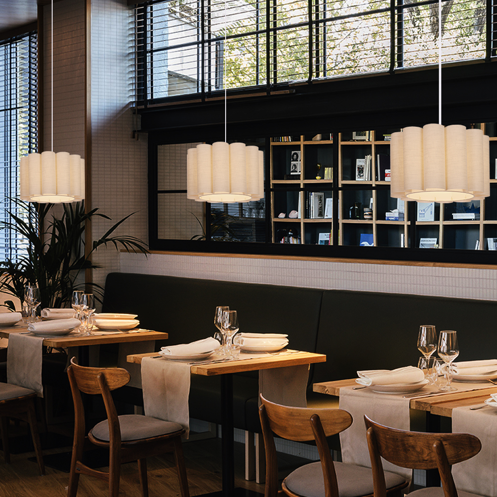 Round Linen Pendant Light Handmade Khaki Pleated Chandelier for Kitchen Restaurants