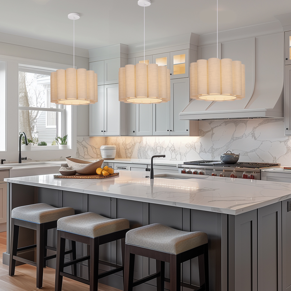 Round Linen Pendant Light Handmade Khaki Pleated Chandelier for Kitchen Restaurants