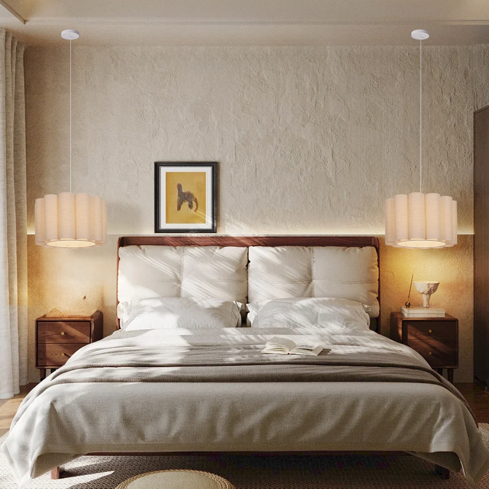 Round Linen Pendant Light Handmade Khaki Pleated Chandelier for Kitchen Restaurants