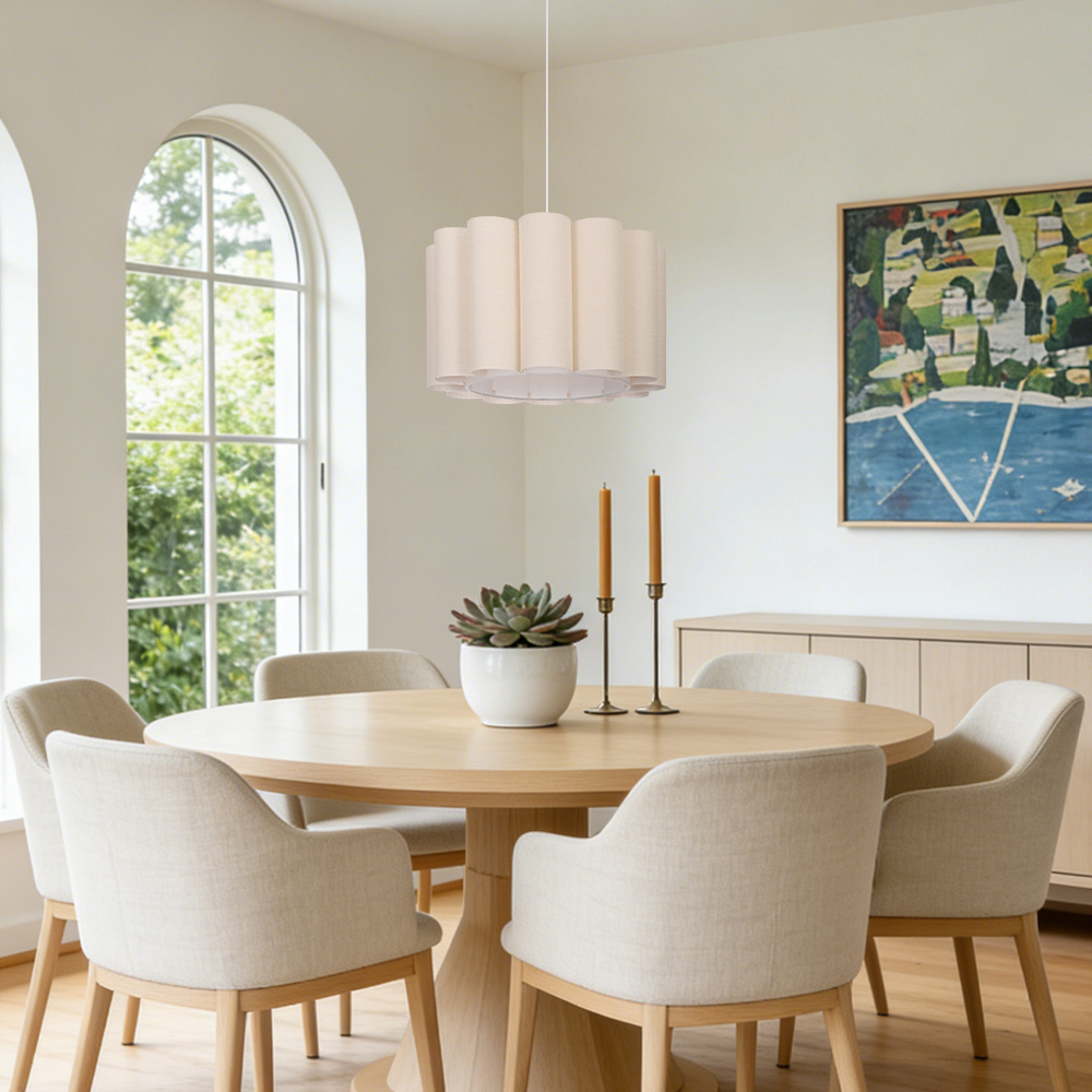 Round Linen Pendant Light Handmade Khaki Pleated Chandelier for Kitchen Restaurants