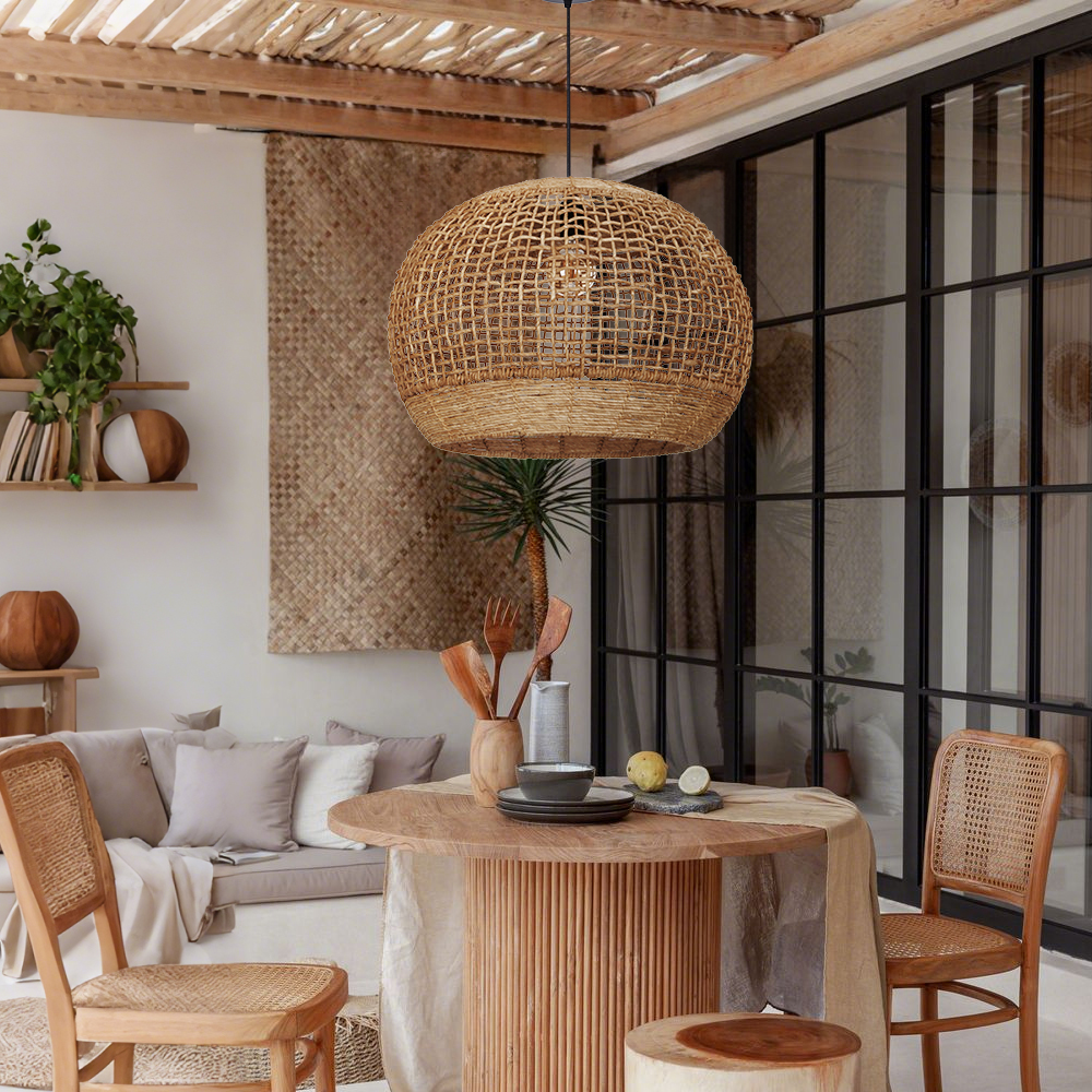 Rustic Corn Rope Woven Pendant Light Textured Hanging Lamp for Home Dining Area