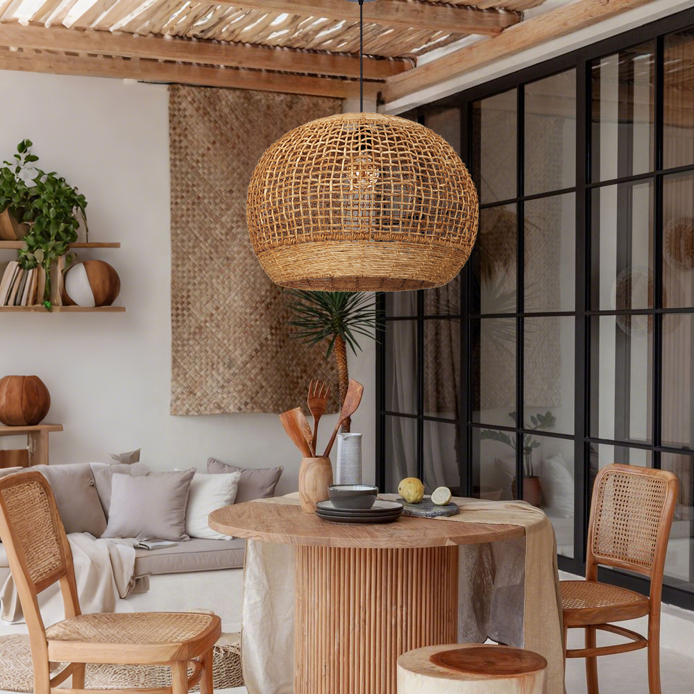 Rustic Corn Rope Woven Pendant Light Textured Hanging Lamp for Home Dining Area