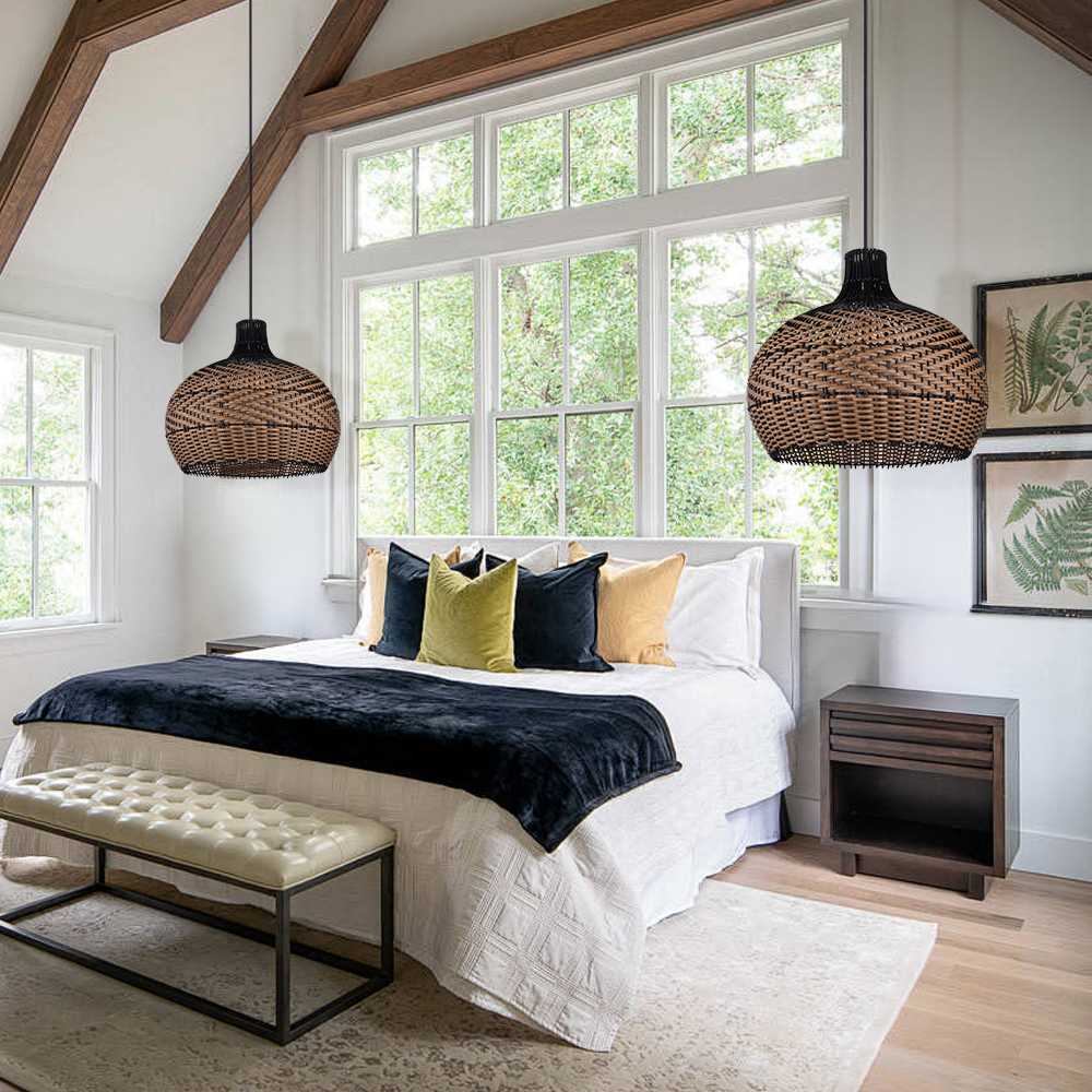 Modern Black Rattan Pendant Light Natural Handwoven Art