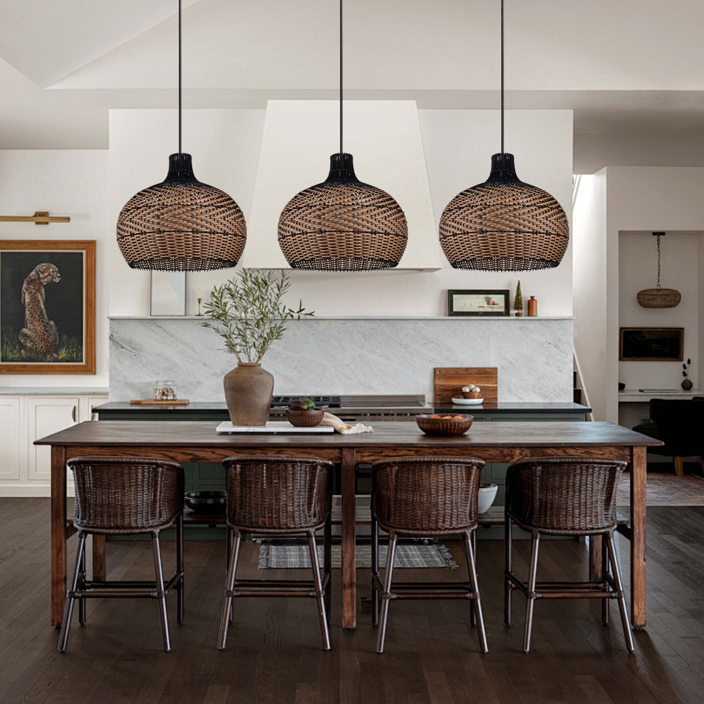 Modern Black Rattan Pendant Light Natural Handwoven Art